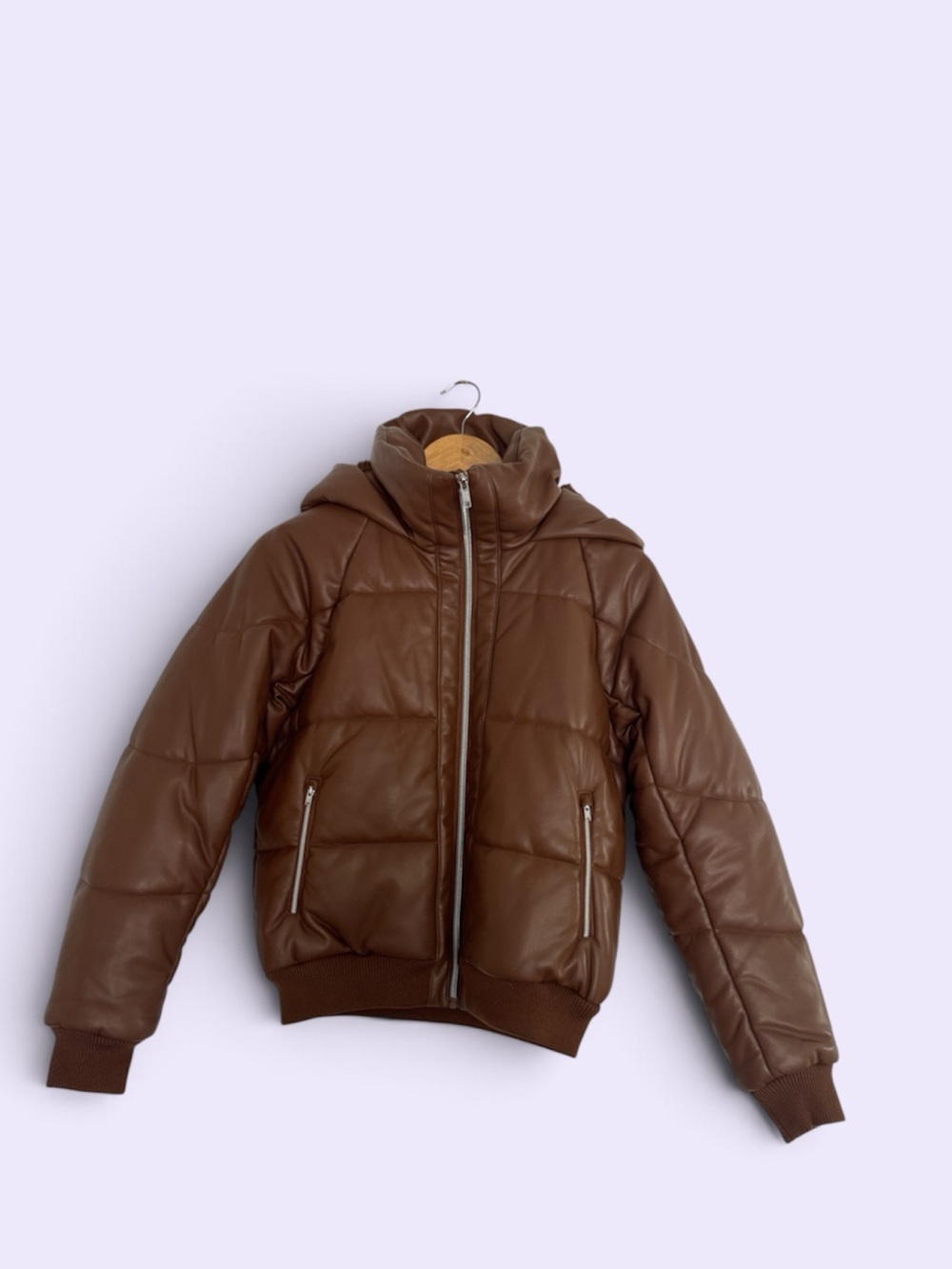 ALO Yoga Espresso Brown Faux Leather Puffer Jacket with Hood -Small